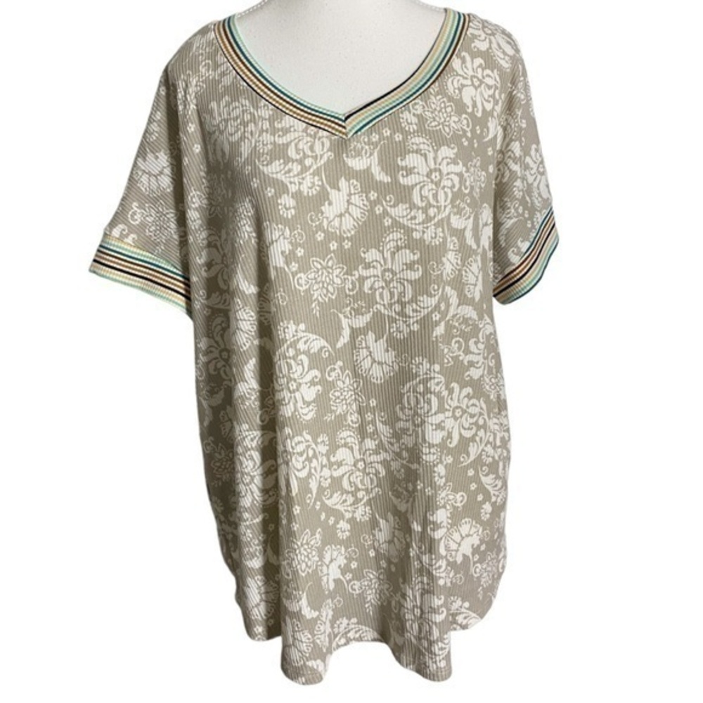 Honeyme Boho Floral Ribbed Knit Tunic Top - Retro Striped V-Neck Oversized Tee